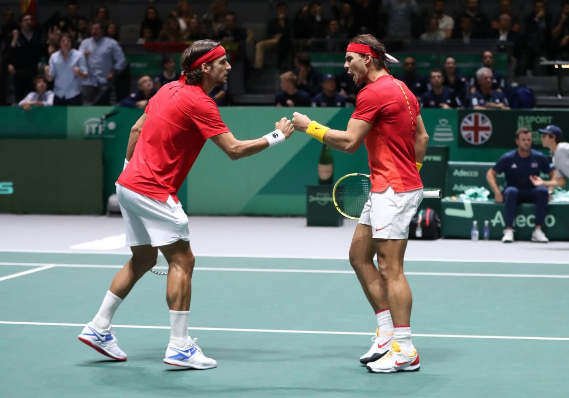 López (left) and Nadal celebrate during their semi-final match against Great Britain at the 2019 Davis Cup.