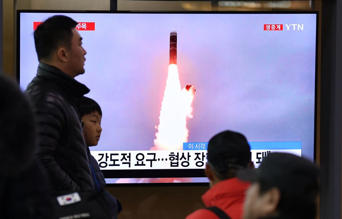 A television news programme in Seoul, South Korea, shows footage of a North Korean missile test on January 1, 2020.