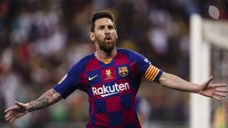 Lionel Messi celebrates his goal for Barcelona against Atletico Madrid during the Supercopa de Espana semifinal on January 9, 2020.