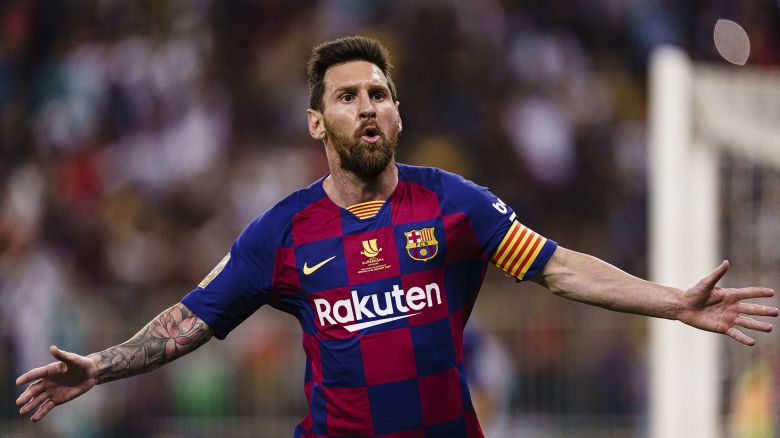 Lionel Messi celebrates his goal for Barcelona against Atletico Madrid during the Supercopa de Espana semifinal on January 9, 2020.
