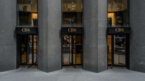 The main entrance to the CBS headquarters in New York on January 10, 2020.