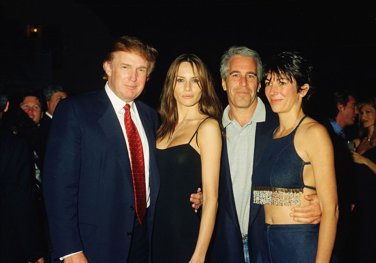 From left: Donald Trump and his then-girlfriend Melania Knauss, Jeffrey Epstein, and Ghislaine Maxwell pose together at Mar-a-Lago in Palm Beach, Florida, on February 12, 2000.