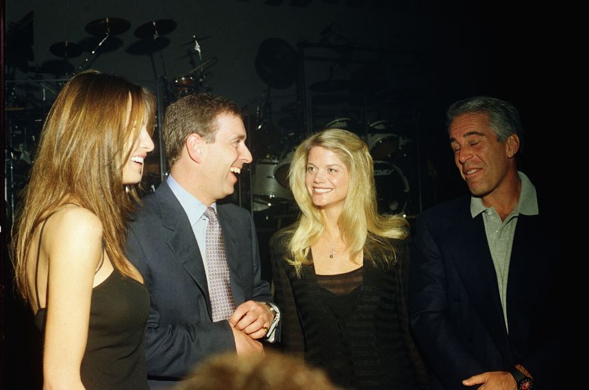 Melania Trump, Prince Andrew, Gwendolyn Beck and Jeffrey Epstein at a party at the Mar-a-Lago club, Palm Beach, Florida, on February 12, 2000.