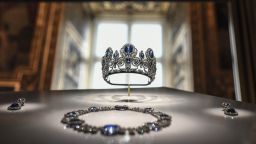 This photograph shows the "parure de la reine Marie-Amelie et de la Reine Hortense" (set of jewelry of Queen Marie-Amelie and Queen Hortense) displayed at Apollon's Gallery on January 14, 2020 at the Louvre museum in Paris after the reopening of the Gallery following ten months of renovations.