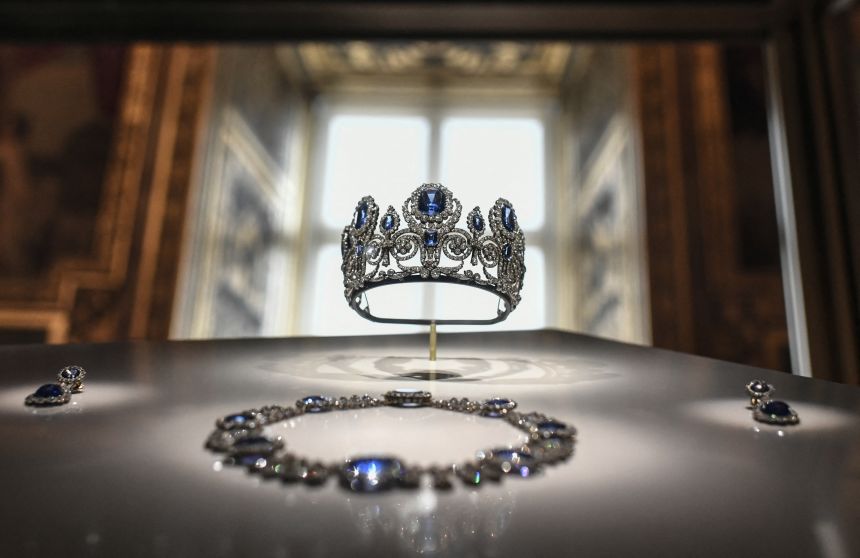 A set of jewelry worn by Queen Marie-Amélie and Queen Hortense is displayed at the Louvre's Apollo Gallery on January 14, 2020.