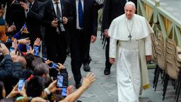 Pope Francis (R) goes to meet with attendees during the weekly general audience on January 22, 2020 at Paul-VI hall in the Vatican. (Photo by Filippo MONTEFORTE / AFP) (Photo by FILIPPO MONTEFORTE/AFP via Getty Images)