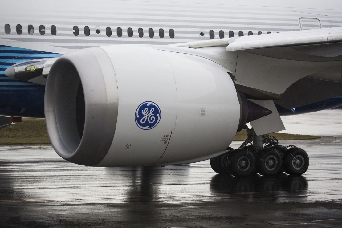 A General Electric GE9X engine is pictured on a Boeing 777X airplane as it taxis for the first flight, which had to be rescheduled due to weather, at Paine Field in Everett, Washington on January 24, 2020.