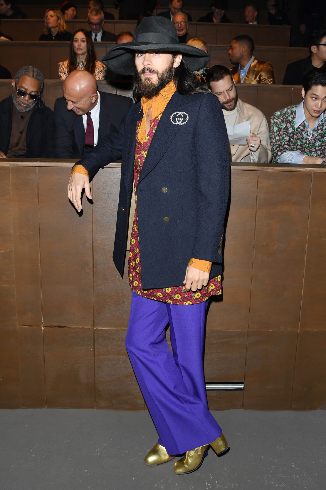 Jared Leto flashing a pop of gold at Gucci's 2020 show during Milan Menswear Fashion Week.