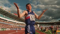 7 AUG 1995:  JONATHAN EDWARDS OF GREAT BRITAIN CELEBRATES AFTER BREAKING THE WORLD RECORD WITH HIS SECOND JUMP OF 18.29M IN THE MENS TRIPLE JUMP AT THE 1995 IAAF WORLD ATHLETICS CHAMPIONSHIPS AT THE ULLEVI STADIUM IN GOTHENBURG, SWEDEN.  Mandatory Credit: Mike Powell/ALLSPORT