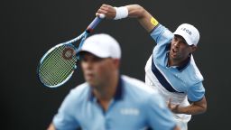 MELBOURNE, AUSTRALIA - JANUARY 22: Bob Bryan and Mike Bryan of the United States play in their Men's Doubles first round match against Rohan Bopanna of India and Yasutaka Uchiyama of Japan on day three of the 2020 Australian Open at Melbourne Park on January 22, 2020 in Melbourne, Australia. (Photo by Daniel Pockett/Getty Images)