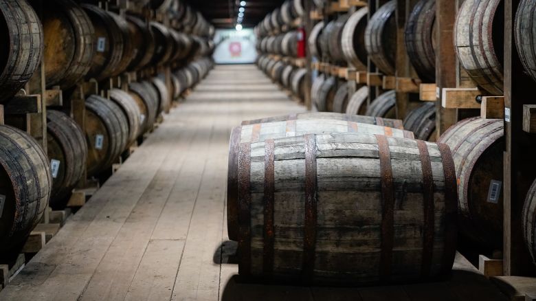 Barrels of bourbon are stacked in a barrel house at the Jim Beam Distillery on February 17, 2020 in Clermont, Kentucky.