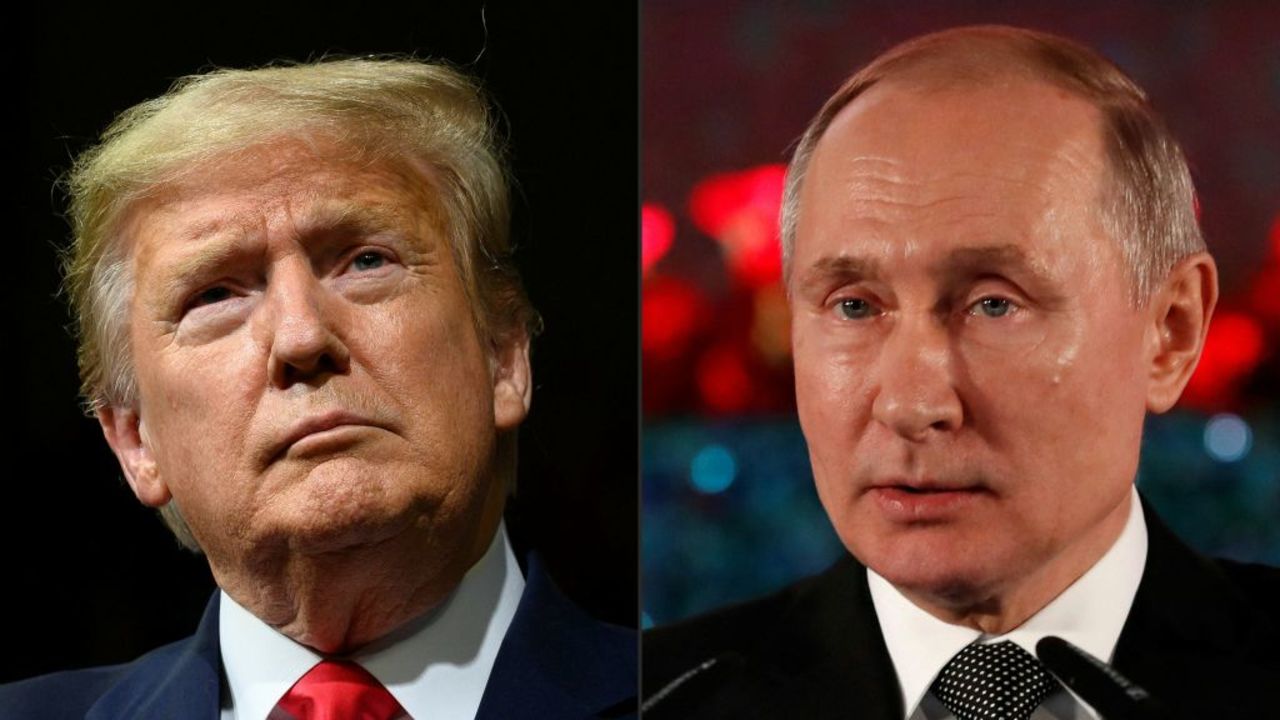  Esta combinación de imágenes creada el 21 de febrero de 2020 muestra al presidente de EE.UU., Donald Trump, haciendo comentarios en un mitin de Keep America Great en Phoenix, Arizona, el 19 de febrero de 2020. El presidente ruso Vladimir Putin pronuncia un discurso durante una ceremonia en Jerusalén el 23 de enero de 2020 conmemorando a las personas de Leningrado durante el asedio nazi a la ciudad en la Segunda Guerra Mundial.