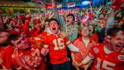 Chiefs fans celebrate at the Power and Light District as the Kansas City Chiefs defeat the San Francisco 49ers in the Super Bowl on February 2, 2020 in Kansas City, Kansas.