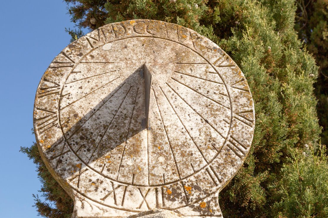 Shown here is the old marble sundial at Palace Paco de Sao Miguel in Evora, Portugal. Sundials have kept humans on schedule for millennia.