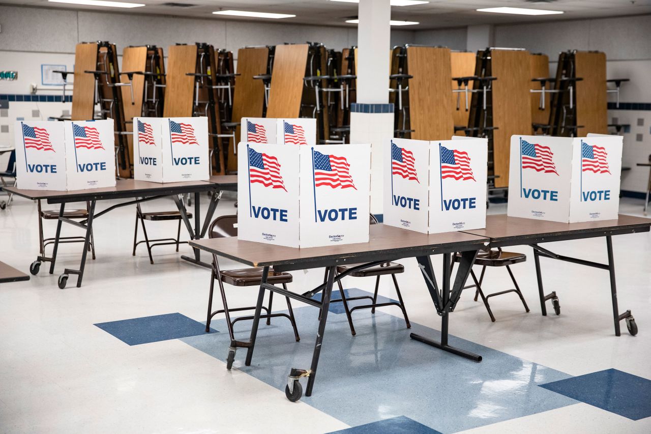 Voting booths sit empty midway through a day of primary elections in Arlington, Virginia, on March 3, 2020.