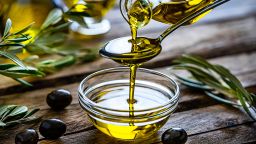 Pouring extra virgin olive oil from a spoon to a glass container. Olive branches comes from the left and right. Some olive oil bottles are out of focus at background. Black olives are on the table and complete the composition. The composition is on a rustic wooden kitchen table. Predominant colors are gold, green and brown. High resolution 42Mp studio digital capture taken with Sony A7rII and Sony FE 90mm f2.8 macro G OSS lens