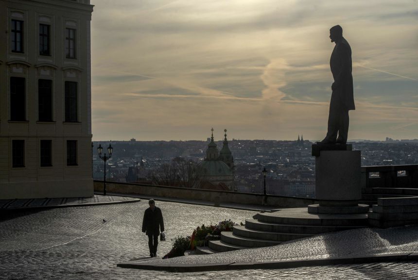 The statue of Masalic looks at the Hulad Chance Square in Prague.