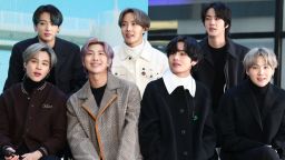 Jimin, Jungkook, RM, J-Hope, V, Jin, and SUGA of the K-pop boy band BTS visit the "Today" Show at Rockefeller Plaza in New York on February 21, 2020.