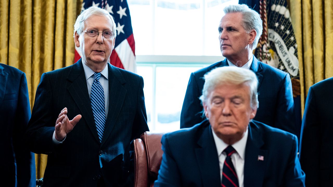 In this March 2020 photo, Senate Majority Leader Mitch McConnell speaks as House Minority Leader Kevin McCarthy and President Donald Trump listen during a signing ceremony in Washington, DC.