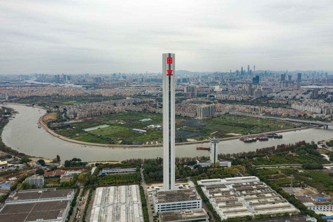 An aerial view of the Hitachi H1 tower, one of the world's tallest elevator test towers, on January 16, 2020 in Guangzhou, China.