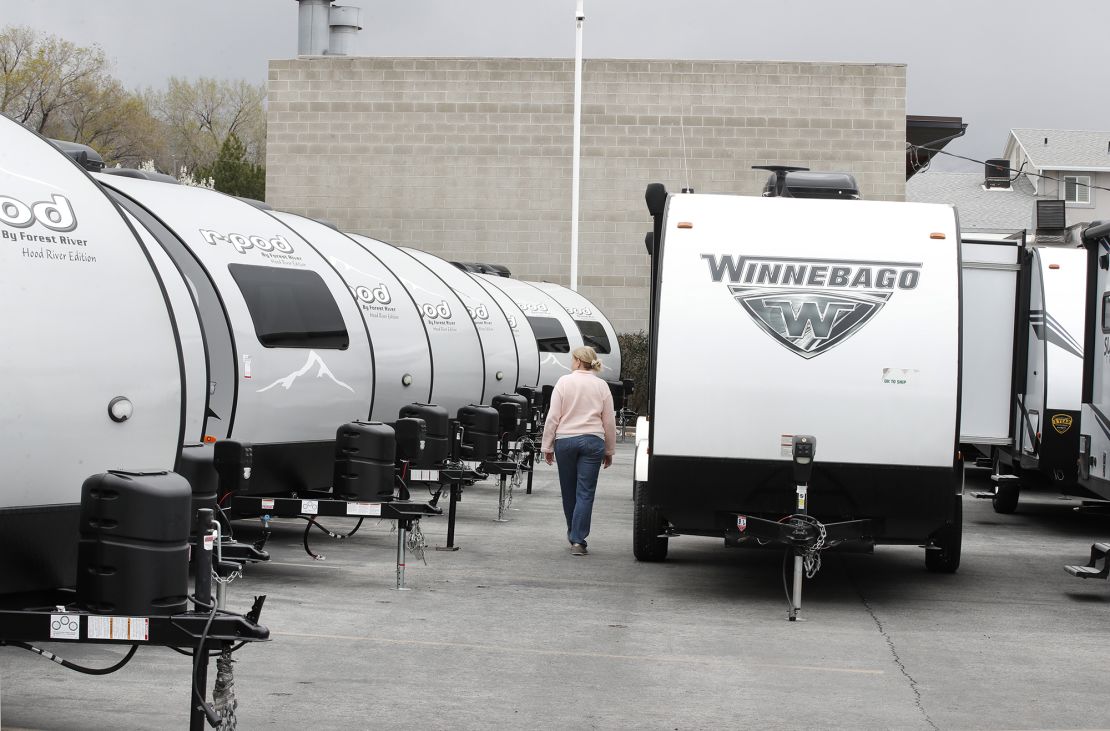 A Winnebago travel trailer at Motor Sportsland RV dealership in Salt Lake City on April 6, 2020.