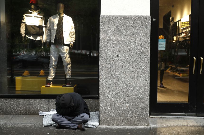 A homeless man in New York during the Covid-19 pandemic in 2020.