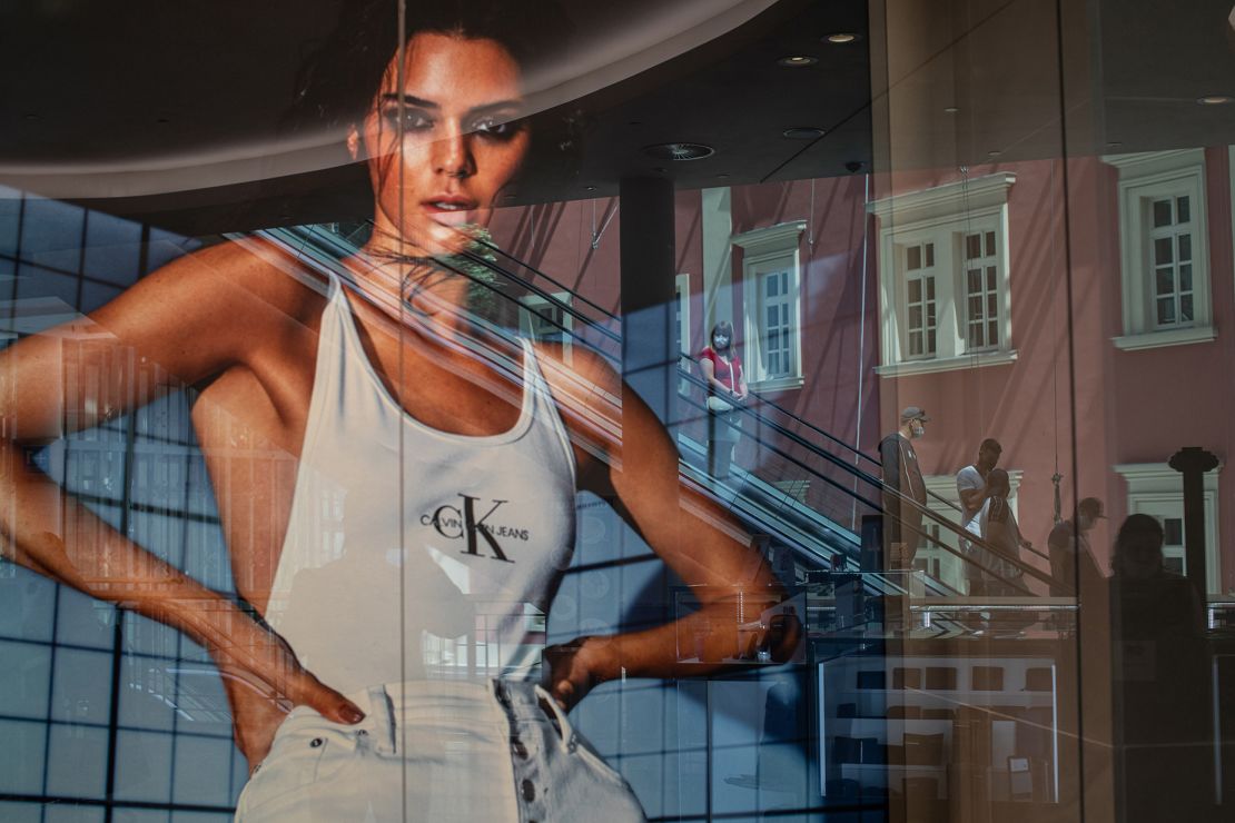 A Calvin Klein campaign ad featuring Kendall Jenner is seen inside the Palladium Praha shopping mall in Prague, Czech Republic, on May 18, 2020.