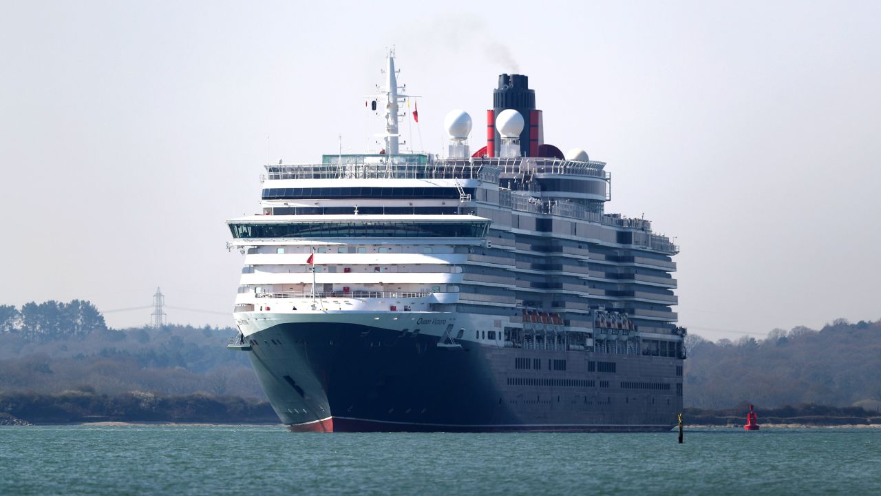 The Queen Victoria Cruise Ship is seen on the River Itchen from Weston Shore on March 26, 2020, in Southampton, United Kingdom.