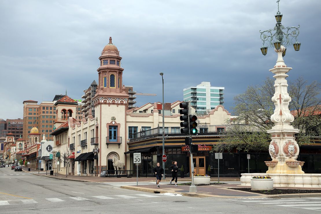 South of downtown Kansas City, the city's Country Club Plaza in April 2020