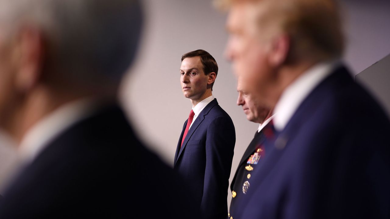 Senior White House Advisor Jared Kushner stands in the press briefing room with members of the White House Coronavirus Task Force April 2, 2020 in Washington, DC.