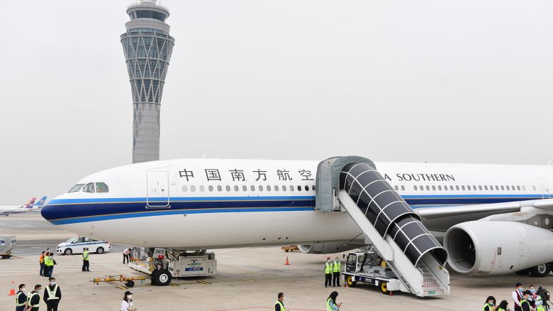 China Southern Airlines flight CZ6637 prepares to take off from Shenzhen Bao'an International Airport to Wuhan on April 8, 2020 in Shenzhen, Guangdong Province of China.