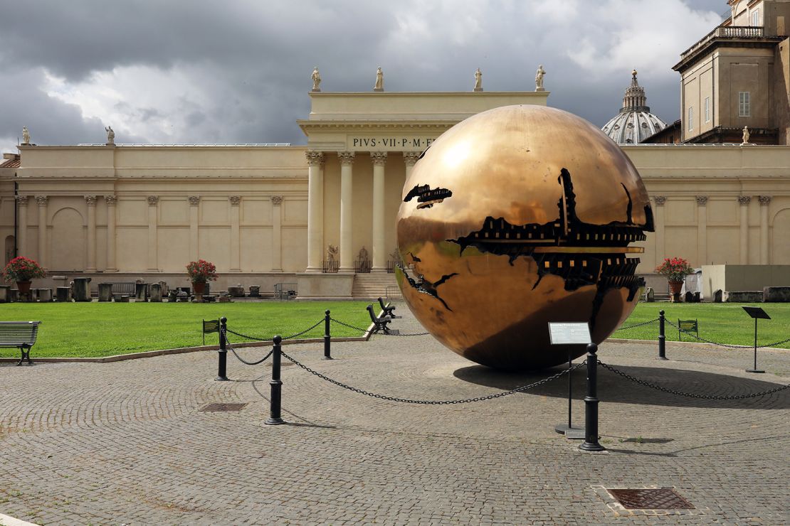 "Sphere Within Sphere" by the artist is seen in the center of the Pigna courtyard at the Vatican Museums on June 8, 2020.