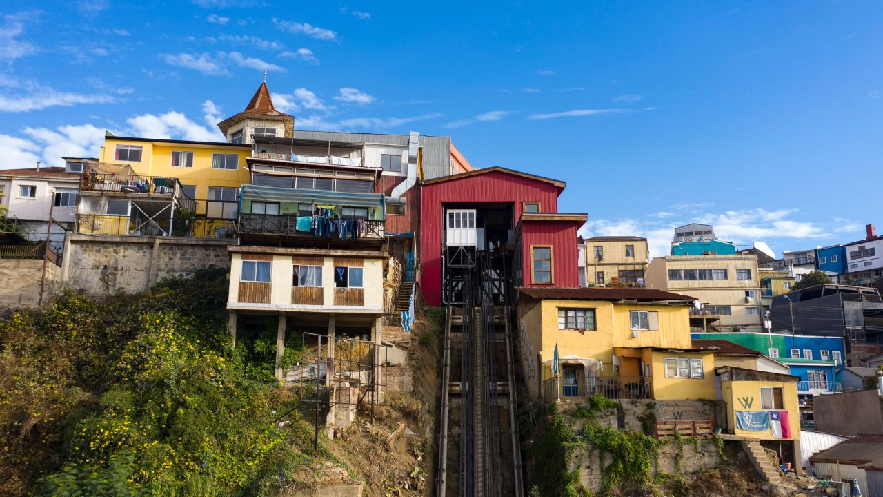 View of the "Espiritu Santo" elevator, which is currently out of operation due to the new coronavirus pandemic, in one of the hills of Valparaiso, Chile, on June 08, 2020. - Amid the hills of Valparaiso, the new coronavirus advances and intimidates a port city without tourists or lifts to the slopes, which residents need to walk up and down carrying groceries to get home. (Photo by MARTIN BERNETTI / AFP) (Photo by MARTIN BERNETTI/AFP via Getty Images)