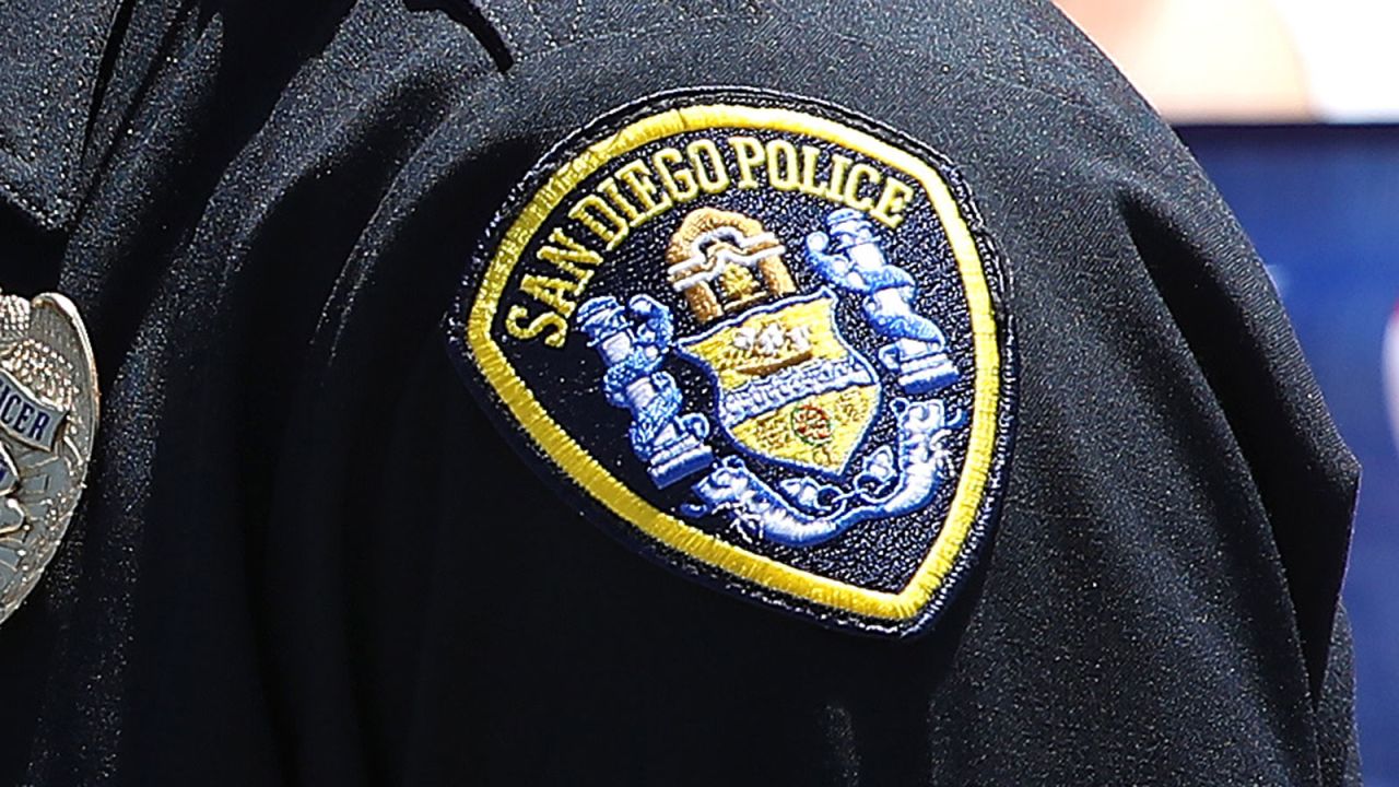 A patch showing the San Diego police department insignia is seen on an officer's uniform in 2020.