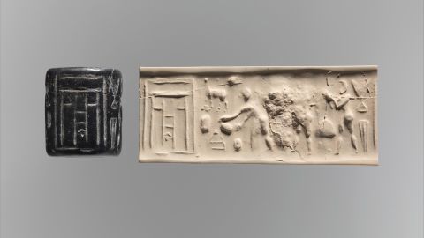 Cylinder seal and modern impression: ritual scene before a temple facade, Late Uruk, ca. 3500-3100 B.C., Mesopotamia, Bituminous limestone, H. 4.5 cm (1 3/4 in.), Stone-Cylinder Seals, Although engraved stones had been used as early as the seventh millennium B.C. to stamp impressions in clay, the invention in the fourth millennium B.C. of carved cylinders that could be rolled over clay allowed the development of more complex seal designs. (Photo by: Sepia Times/Universal Images Group via Getty Images)