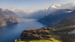 Stunning landscape above the Seelisberg and the famous Rutli meadow by lake Lucerne in Canton Uri in Central Switzerland with alps mountain in the backgroud