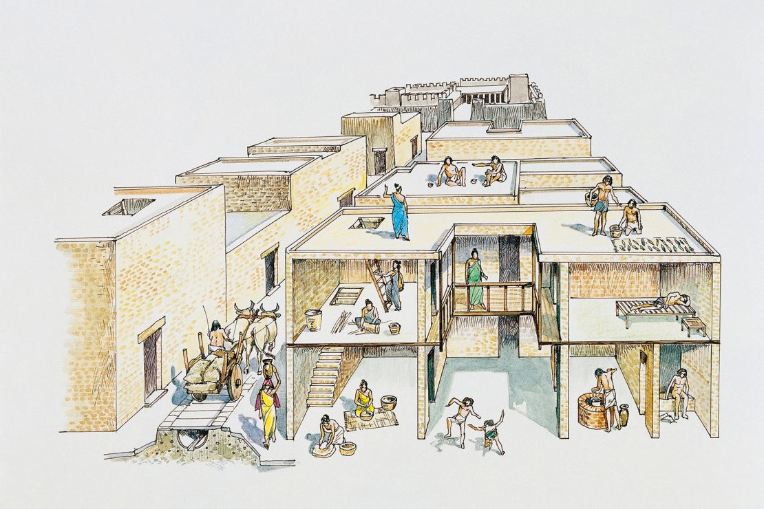 This illustration shows a reconstructed interior of a residential building from the Indus Civilization's Mohenjo-daro.