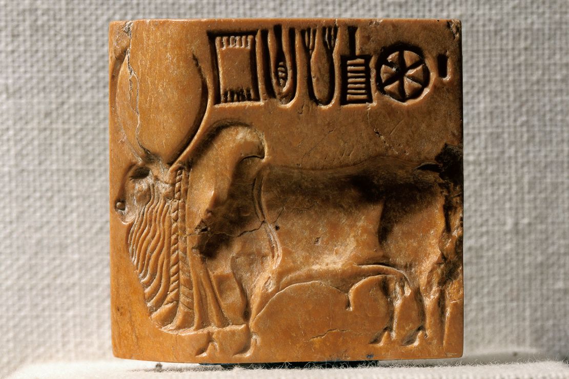 A seal found at Mohenjo-daro depicting a zebu, a type of South Asian domesticated cattle.