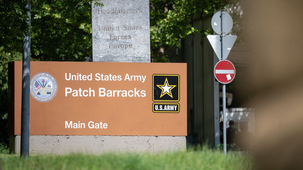 01 July 2020, Baden-Wuerttemberg, Stuttgart: A sign indicates the entrance to the Patch Barracks of the United States Army and the headquarters of the US forces in Europe. US President Trump agreed to a proposal for the partial withdrawal of US forces from Germany. According to the proposal, 9500 of the current 34 500 soldiers are to leave Germany.