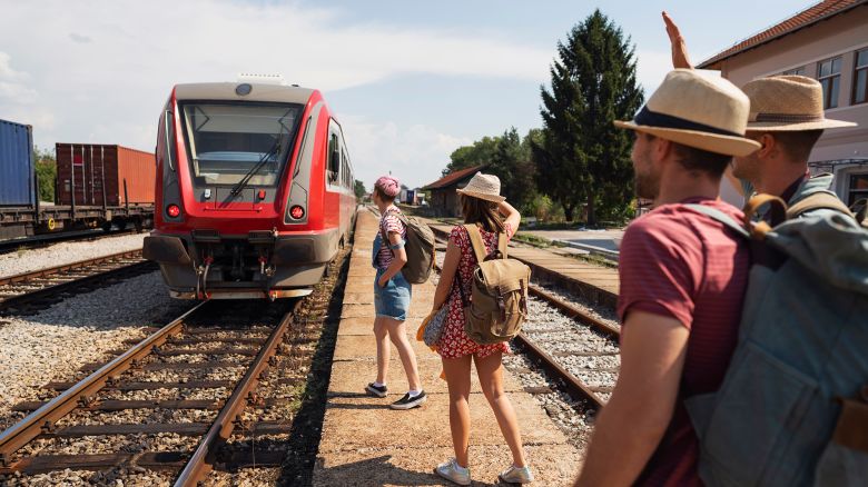 Group of young caucasian friends having a great time together on the road trip with train