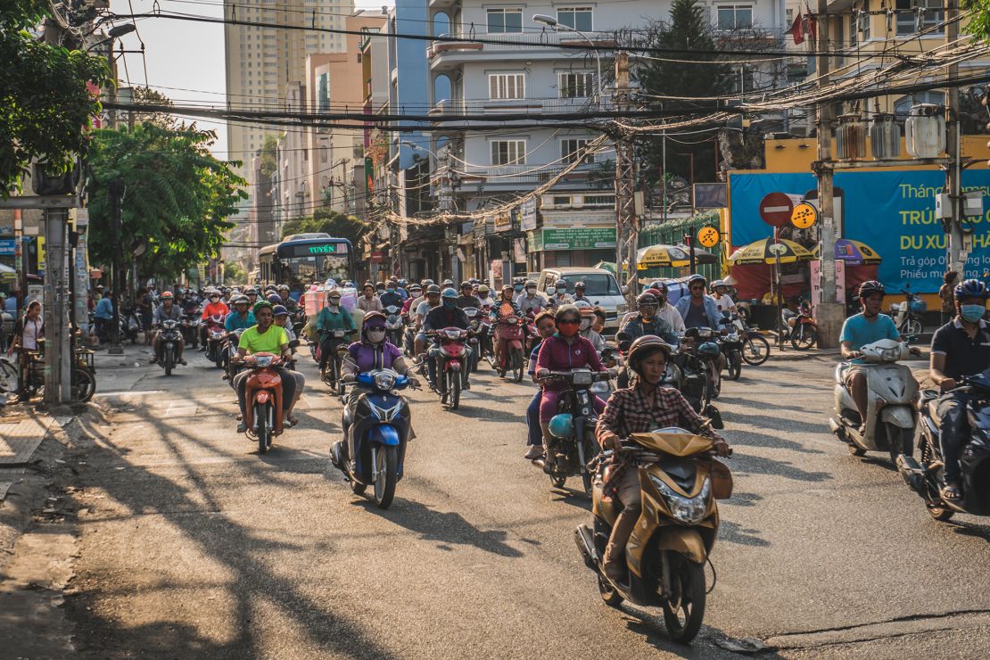 Ho Chi Minh City's rush-hour traffic is dominated by motorbikes.