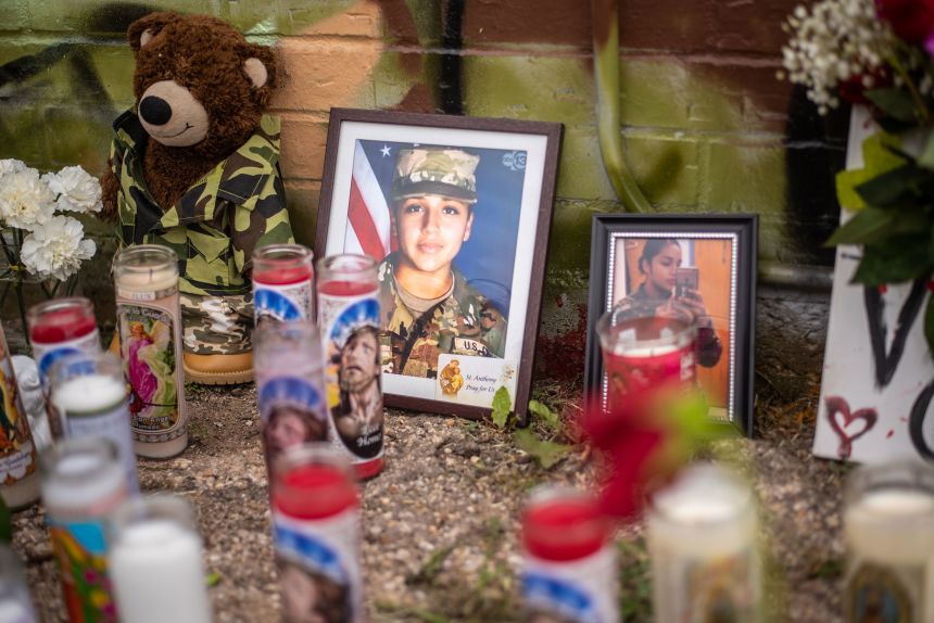 People pay respects at a mural of Vanessa Guillen near Fort Hood on July 6, 2020.