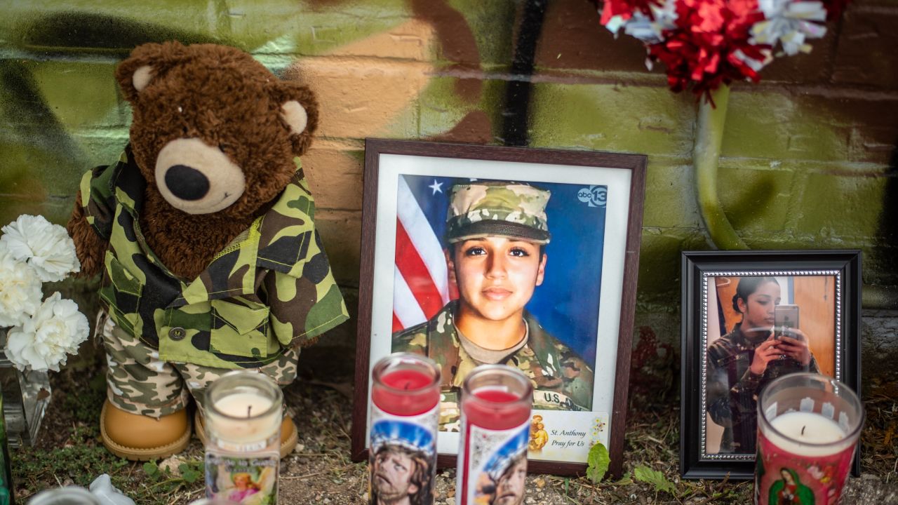 AUSTIN, TX - JULY 06: People pay respects at a mural of Vanessa Guillen, a soldier based at nearby Fort Hood on July 6, 2020 in Austin, Texas. A suspect in the disappearance of Guillen, whose remains were found in a shallow grave, faced a judge Monday morning.  (Photo by Sergio Flores/Getty Images)