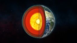 Computer illustration showing Earth's internal structure. The core consists of an inner region and an outer region. The mantle consists of the mesosphere, the athenosphere, and the lower part of the lithosphere. The crust is the upper part of the lithosphere. The crust is around 40 kilometres thick in the continents, and as little as 5 kilometres thick in the deep ocean. The mantle is a viscous layer of rock some 2900 kilometres deep. The outer core is a liquid composed of molten iron and nickel. Convection currents in these metals are responsible for producing the Earth's magnetic field. The outer core is around 2250 kilometres thick. Below it is the solid inner core which is a hot, solid sphere of iron and nickel, some 1200 kilometres in radius, at a temperature of around 5500 degrees Celsius.