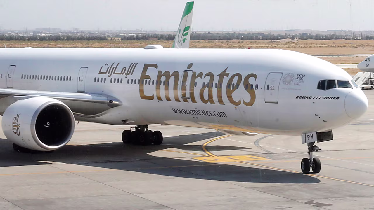 An Emirates aircraft taxis at Tehran's Khomeini International Airport in 2020.