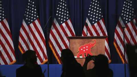 The GOP logo hangs on a podium during the Republican National Convention in Charlotte, North Carolina, U.S., on Monday, Aug. 24, 2020.