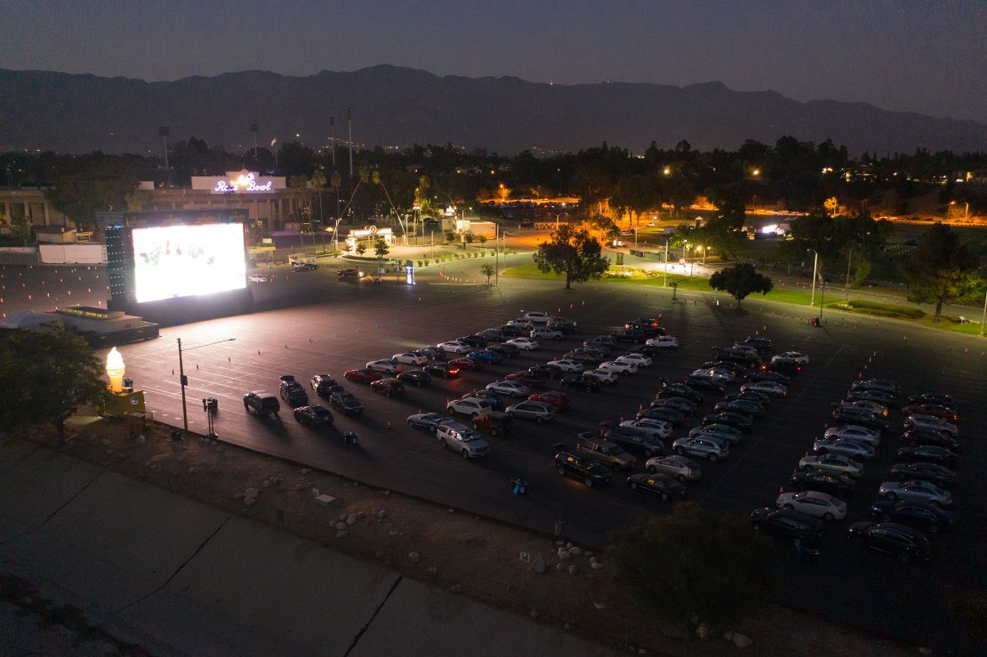 Moviegoers at a drive-in movie theater in the parking lot of the Rose Bowl in Pasadena, California, on September 3, 2020.