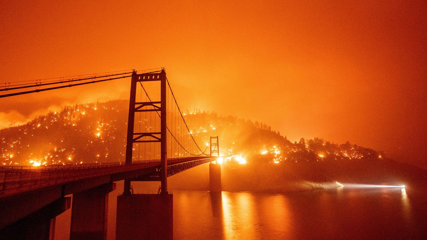 The Bidwell Bar Bridge backlit by a fire in Oroville, California, in September 2020, when record-breaking blazes broke out in the state.