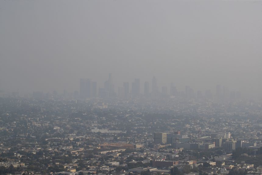 Smoke, ash and smog obscure the view of Los Angeles' skyline during wildfires in September 2020.