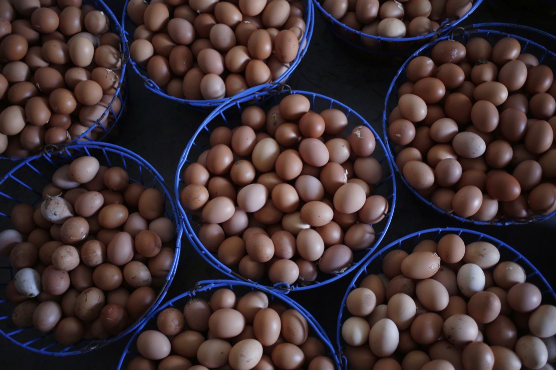 Freshly-laid chicken eggs in baskets before being washed and packaged for sale at a farm in Pleasureville, Kentucky, in January 2020.